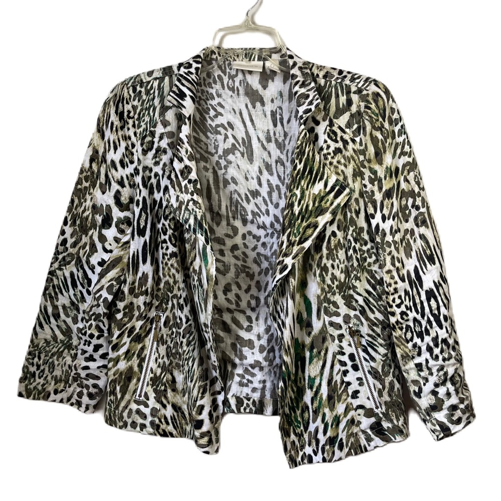 Chico's 100% linen animal print moto jacket size 0(S/4) leopard/cheetah printed